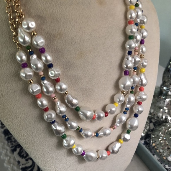 NWT J.Crew Three-Layer Faux Pearl Necklace With Multicolored Beads - Picture 6 of 6